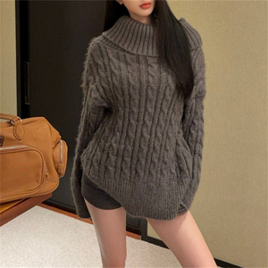 Herbst Winter Damen Pullover Schulterfrei Zopfmuster Locker Sitzender Rollkragenpullover Langarm Gerippt Gemütlich Warm Lässiger Stil Strickwaren - Product Image 1