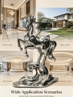 Sculpture de cheval ajourée en acier inoxydable – Design sportif moderne, finition miroir polie, Feng Shui, pour usage extérieur (parcs, hôtels, jardins)
