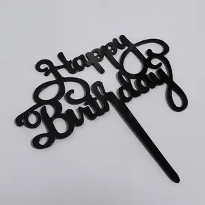 Buon compleanno acrilico Cake Topper nero acrilico torta decorazione stile calligrafia