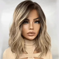 Wig rambut manusia ombre ash blonde highlight berwarna, 13x4 lace front, pre-plucked, kepadatan tinggi, remy, lurus, lace frontal.