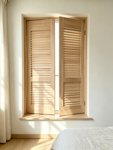 Wooden Plantation Shutter <b>Horizontal</b> Louvered Stained Natural Brown Manual Operation for Bedroom Window - Product Image 1