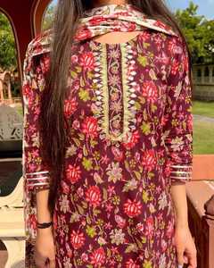 Nova Chegada Mulheres Personalizado Algodão Feito Folha Impresso Kurta Reta com Calça E Terno Dupatta Conjunto Para As Mulheres 3pcs Terno - Product Image 5