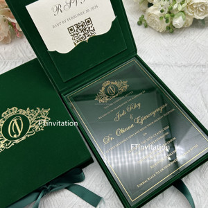 Tùy chỉnh rõ ràng Acrylic Frost màu xanh lá cây nhung lời mời đám cưới hộp phong cách Hoàng Gia 'tình yêu' handmade UV/Lá in tùy chỉnh màu sắc - Product Image 3