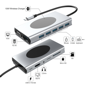Mới đến loại C để USB3.0 * 3 + USB2.0 * 4 + VGA + RJ45 + SD + TF + âm thanh + HDMI + USB-C PD + sạc không dây 15-in-1 USB C HUB Docking Station - Product Image 5
