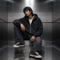 Sweat à capuche pour homme personnalisé en coton 100% noir délavé, 450 g/m², en molleton bouclette, style rétro vieilli, délavé à l'acide, zippé, uni, coupe oversize, décontracté