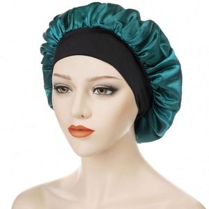 Bonnet en satin noir de 30 cm avec bordure en soie, bonnets de chimiothérapie avec large bande élastique, bonnets de nuit pour femmes - Product Image 4