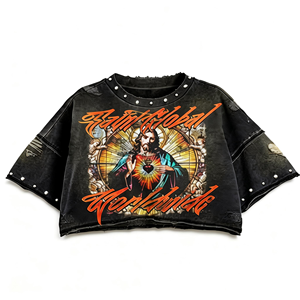 T-shirt Vintage Personalizzata <span class=keywords><strong>Taglie</strong></span> <span class=keywords><strong>Forti</strong></span> 100% Cotone con Strass, Stampa DTG, Bordi Tagliati, Grafica Sbiadita dal Sole, Stile Maschile - Product Image 1