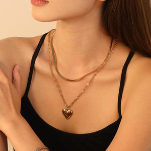 Collar con Colgante de Corazón y Diamantes de Acero Inoxidable para Mujer, Estilo Europeo Americano, Cadena de Bambú, Chapado en Oro de 18K - Product Image 2