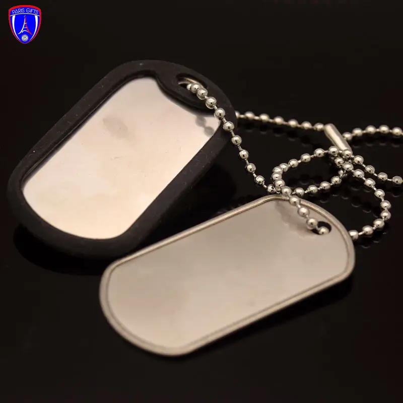 Rolled Edge Dog Tag Stainless Steel Metal Rectangle Blank Dog Tags With Rubber Silicone Loop