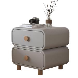 Cream-style Rounded Leather Bedside Table Nordic Style Bedroom Furniture <strong>Log</strong> Handle Double Drawer Storage Cabinet Eco-Friendly - Product Image 1