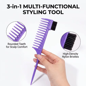 Peigne à dents larges professionnel 3-en-1 : Peigne à queue texturé pour pompadour avec brosse de bordure et aiguille de sectionnement - Product Image 3