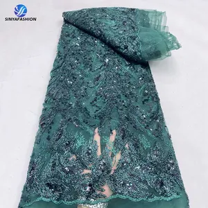 High Quality Net Lace With Sequins African Tulle Lace Embroidery Fabric French Mesh Beaded Laces For Dress Wedding Party