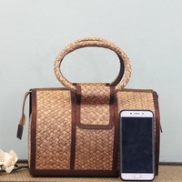 Tas Jinjing Selempang Wanita dan Wanita, Tas Jinjing Dompet Jerami Bambu Vietnam