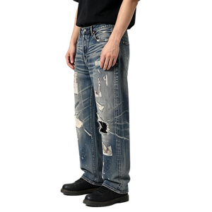 Jeans Vintage Stile Streetwear Giapponese per Uomo, Pantaloni Denim Y2K con Effetto Usurato e Patchwork, Stampa Grafica Retrò, Gamba Dritta - Product Image 2