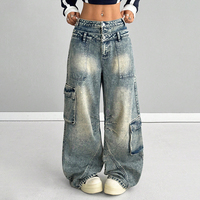 Hangyue Jean Cargo Délavé Style Hip-hop Boyfriend Baggy Taille Haute Double pour Femme, Coupe Décontractée, Vêtement Urbain pour l'Hiver