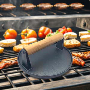 Burger Báo Chí Nhiệm Vụ Nặng Nề Đúc Sắt Với Gỗ Xử Lý Blackstone Trại Đầu Bếp Vỉ Nướng Vỉ Nướng Hình Chữ Nhật Thịt Bít Tết Smash Màu Đen - Product Image 4