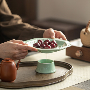 Plateau de drainage en céramique à huit côtés, design lotus, assiette à fruits en porcelaine, style zen chinois, plat à thé et à collations - Product Image 2
