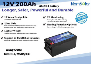 Batterie LiFePO4 12V 200Ah, BMS 100A Max, batterie au lithium 2560Wh avec charge rapide pour système d'énergie solaire, camping - Product Image 5