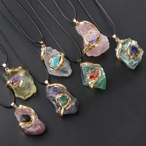 New Style Creativity Crystal Natural Stone Green Aventurine Amethyst Irregularity Raw Gemstone Pendant Necklace Charms