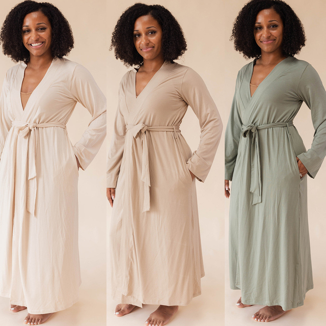 Custom Luxy Bamboo Viscose Women Robes Nude Color Cream Long Knit Bathrobe Lightweight Soft Bath Robe Sleepwear with Pockets