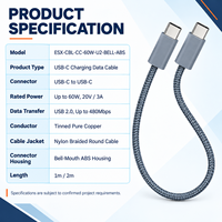 Câble de charge rapide USB C vers USB C personnalisable 60W avec connecteur ABS à embout en nylon tressé pour téléphones, tablettes, ordinateurs portables