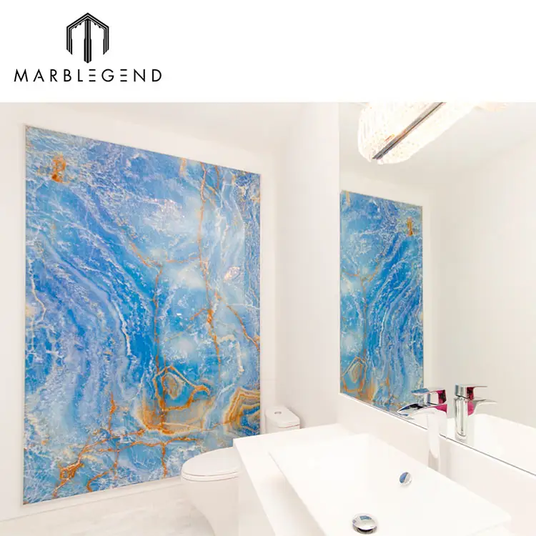 Custom luxury interior villa wall panel wholesale golden sky blue onyx marble slab