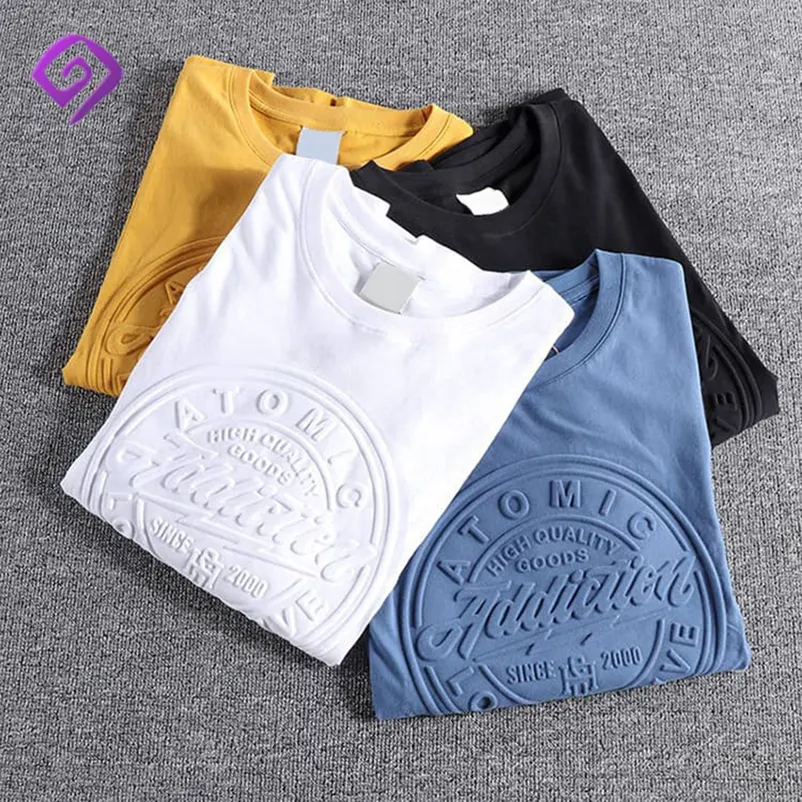 Camiseta masculina de algodão pesado Pima, camiseta com logotipo personalizado, impressão em tamanho grande, em relevo 3D, fabricante de alta qualidade