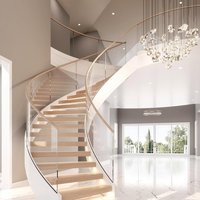 Escalier courbe DBM avec rampe en bois, construction en acier inoxydable/galvanisé, design moderne, durable, écologique, marches flottantes