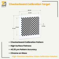Objetivo de Calibración de Vidrio con Patrón de Cuadros y Diseño Cromado para Calibración de Cámaras, Corrección de Distorsión de Lentes y Visión Artificial