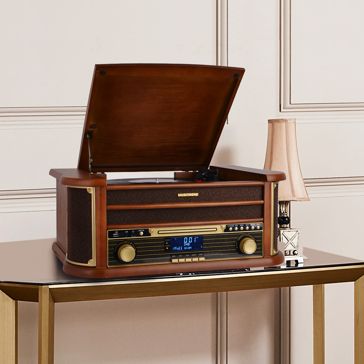 3 speed 4 in 1 fonograaf vinyl turntable player classic met dab fm radio/draaitafel/CD Cassette speler /USB encoding