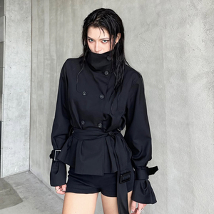 Gabardina Entallada de Color Sólido con Cuello Alto y Manga Larga, Estilo Urbano Minimalista - Product Image 1
