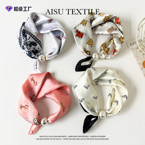 Silk <b>Square</b> <b>Scarf</b> With Horse Print Pearl Pendant Magnetic Closure Spring Summer Fashion Women's Accessory - Product Image 4
