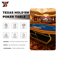 Table de poker Texas hexagonale sur mesure YS OEM avec base de cabinet, tapis bleu roi, bordure dorée, 10 porte-gobelets et rangement pour casino