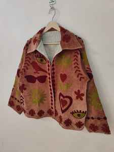 <b>Velvet</b> Suzani <b>Jacket</b> Boho Embroidered Eye & Heart Motif Coat Handmade Colorful Festival Wear Unique Artistic Statement <b>Jacket</b> - Product Image 5