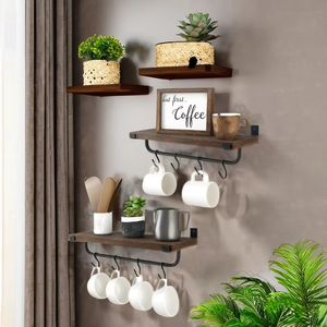 Estante flotante rústico para barra de café, ganchos para <span class=keywords><strong>tazas</strong></span> de té de madera, <span class=keywords><strong>colgador</strong></span> para organizar utensilios de cocina, estante para <span class=keywords><strong>tazas</strong></span> de café de madera con ganchos en S - Product Image 6