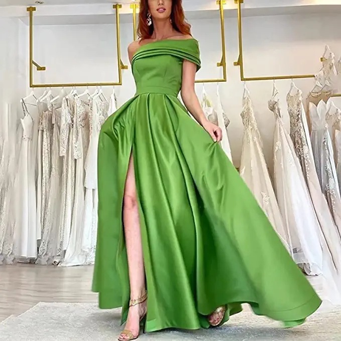 Foreign Trade Single Shoulder Satin Dress Evening Gown Birthday Party Pompadour Green High Slit Sexy Jumpsuit