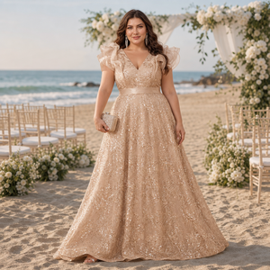 Vestido <span class=keywords><strong>de</strong></span> <span class=keywords><strong>Noche</strong></span> Elegante <span class=keywords><strong>para</strong></span> Mujer Talla Grande con Lentejuelas, Cuello en V, Mangas con Volantes, <span class=keywords><strong>para</strong></span> <span class=keywords><strong>Boda</strong></span>, Fiesta, Cóctel, Formal, con Falda Larga - Product Image 3