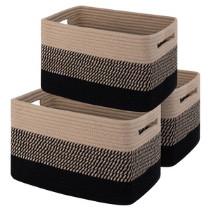 Rectangle shape cotton rope storage holder with 3 sets shower caddy basket 3 black basket set