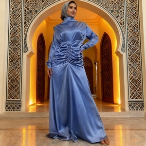 9.9 New Arrival Dress Smooth Thick Satin High Round Neck Elastic Pleated Waist Big Bottom Fashionable Long Dress 6664# - Product Image 4