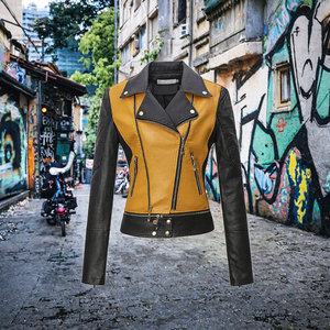 Chaqueta de Motociclista de Cuero PU Bicolor para Mujer, Chaqueta de Motociclista con Bloques de Color, Cierre de Cremallera y Cuello Plegable - Product Image 3