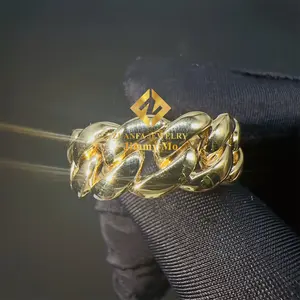 Custom Made 14k Real Solid Yellow Gold Hand Made Luxury Style Hip Hop Iced Out Miami Cuban Band Ring For Man