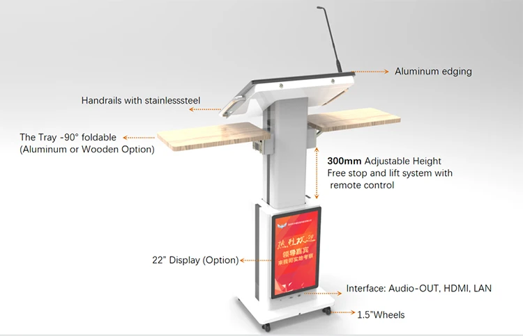 2021 Best Intelligence LED 21.5 All In One Touch Screen Smart Lift Adjustable  Digital Podium Kiosk with Mic Speaker
