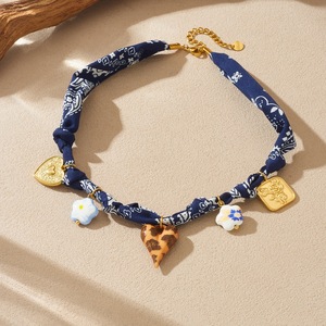 Fashion Silk Scarf Necklace Heart Shape Leopard Print Ceramic Flower Gold Plated Pendant Rope Chain Design - Product Image 3
