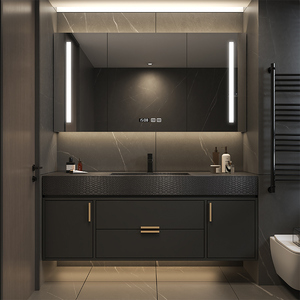 Mueble de baño gris europeo con espejo de panal, pantalla de hora, encimera gris y lavabo suspendido. - Product Image 2