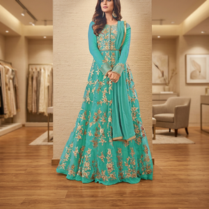 Robe longue élégante en satin brodé bleu sarcelle avec imprimé floral, manches longues, col rond, taille naturelle - Product Image 2
