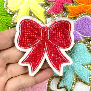 12 colori all'ingrosso carino 6CM fiocco ciniglia cappello toppe ferro su Glitter oro supporto di fiocco ricamato ciniglia toppe per gli indumenti - Product Image 5