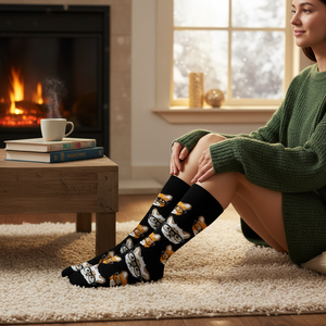 <b>Black</b> Nylon Spandex Casual <b>Socks</b> Cats Wearing Glasses Pattern One Size Free Breathable Knitted for Daily Use Winter Crew/Ankle - Product Image 2