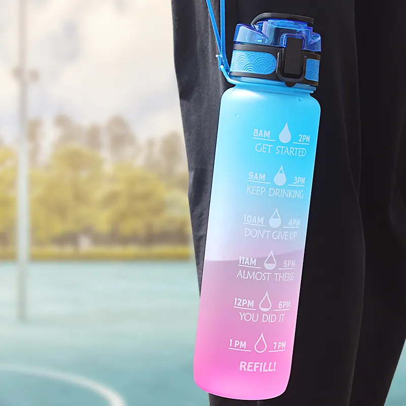 Sports Fitness Workout Plastic Tritan Water Bottle with Time Markings Measurements 1000ml/32OZ With fruit injectorCloth bag