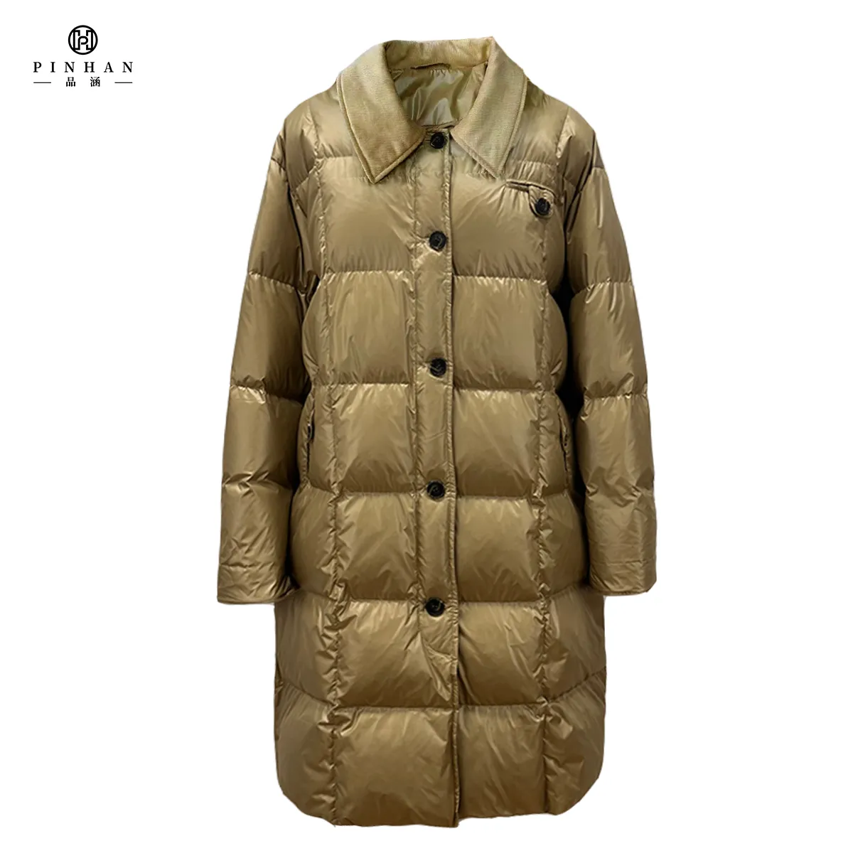 Patchwork Corduroy Square Collar Winter Clothing Bubble Long Down Coat for Women Polyester Micro-flash Ladies Puffer Jacket