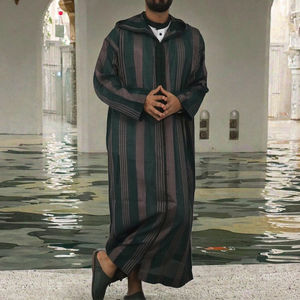 2025 nouveau Style ethnique transfrontalier vêtements pour hommes respirant Polyester couleur bloc rayures longue Robe musulmane à capuche été printemps - Product Image 2